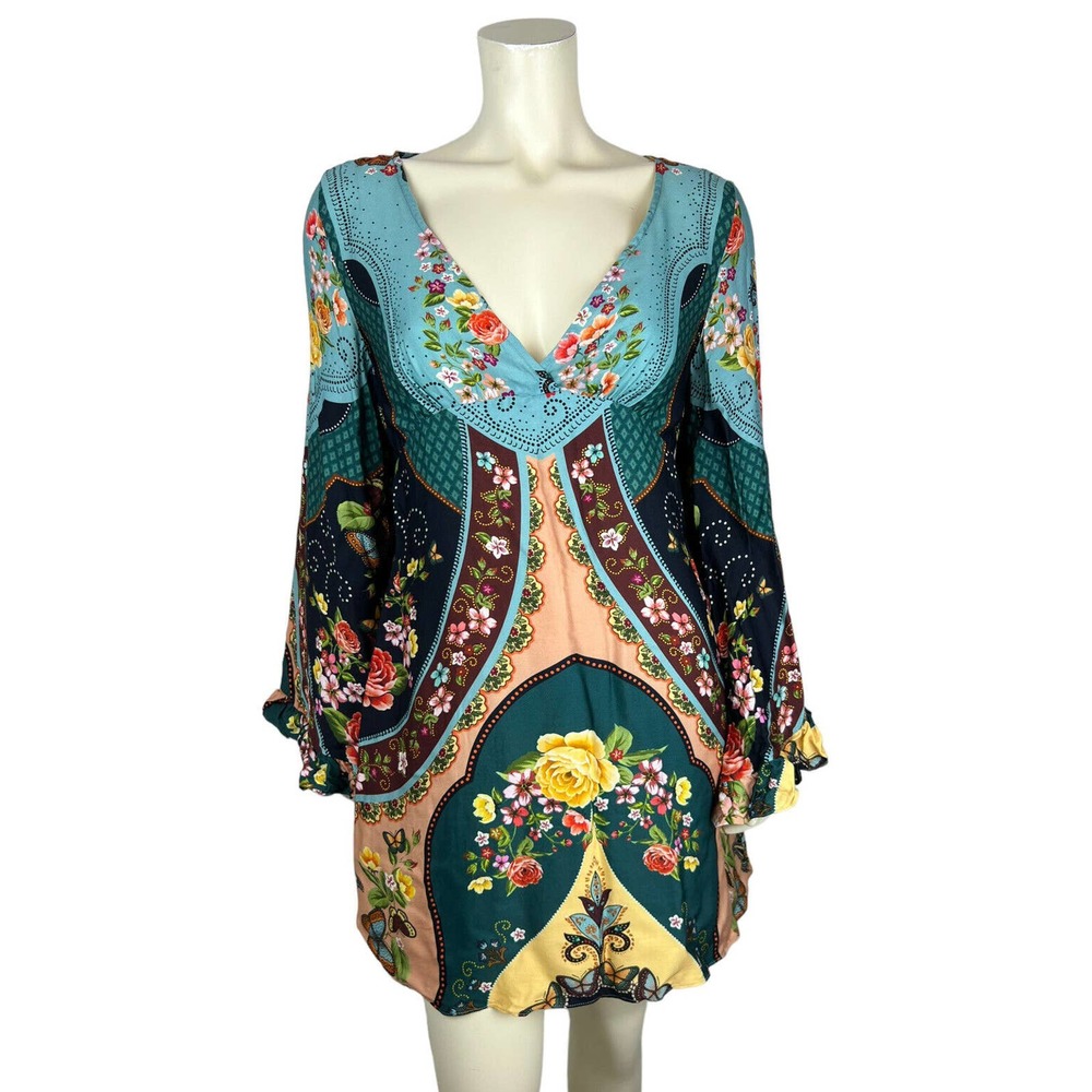 NEW Farm Rio Bell Flared Sleeve Dress S Floral Print V-Neck Keyhole Boho Ruffle